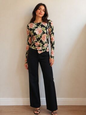 Paco Rabanne Black and Pink Floral Long Sleeve Top